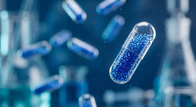 Close-up view of blue capsule filled with beads in a laboratory