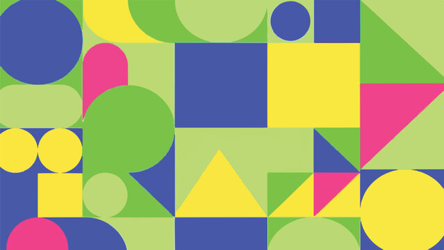 Colorful abstract design composed of geometric shapes circles, squares, etc