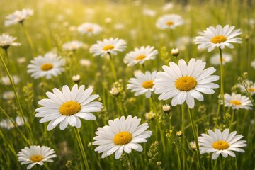 Fototapeta premium White Daisy Flowers in Sunny Green Field with Warm Natural Light