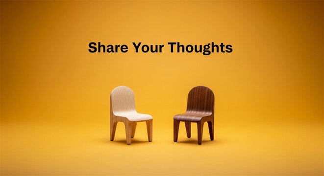 Share Your Thoughts text on yellow background, two miniature chairs for communication concept, feedback and customer review banner