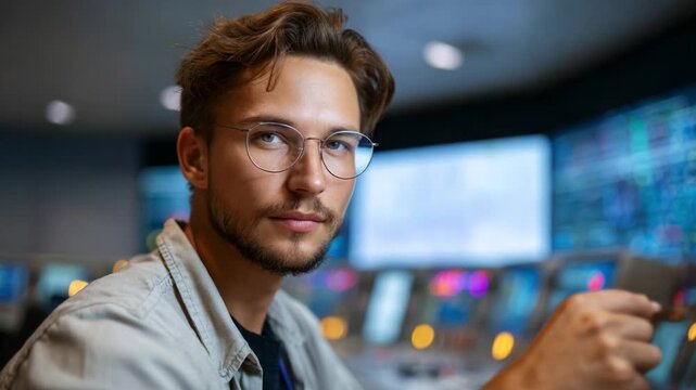 A focused young man in an innovative control room, intently monitoring technology and data, showcasing concentration and analytical skills amidst vibrant screens.