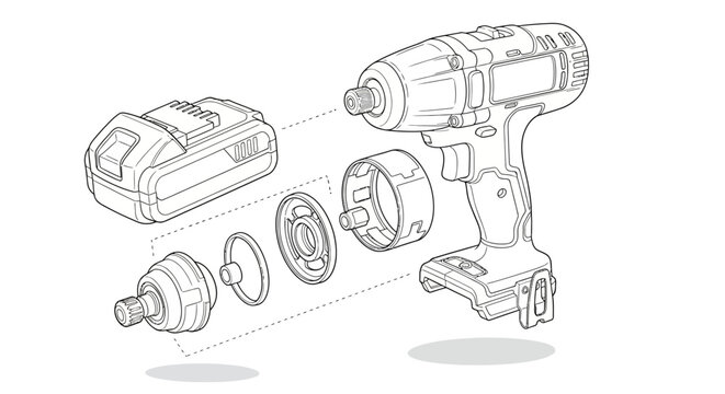 Exploded view of cordless impact driver power tool with battery