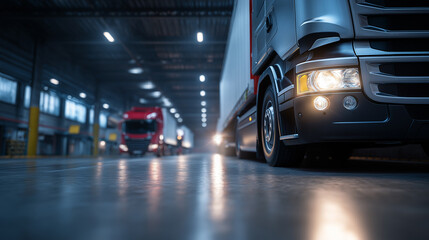 Fototapeta premium Row of heavy trucks parked inside modern warehouse with industrial lighting and logistics concept