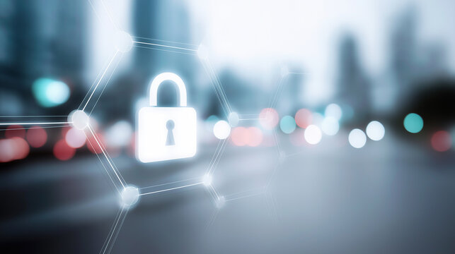 Glowing digital padlock icon on city street at night representing cybersecurity and data protection