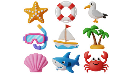 Collection of colorful 3d rendered ocean life and summer vacation themed icons for beach holiday Vector © MDSOPON