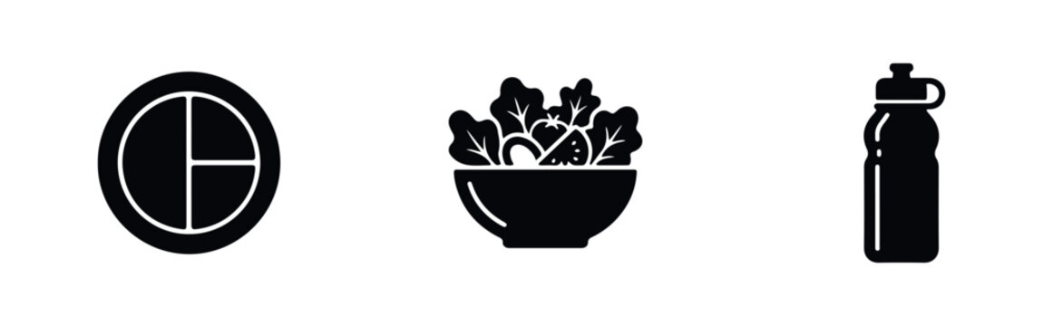 Minimalist black icons representing a healthy lifestyle, featuring a portion control plate, a fresh salad bowl, and a reusable water bottle.