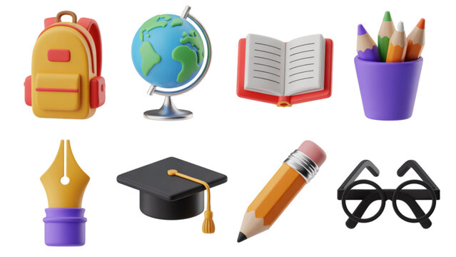 Set of colorful 3d icons representing school supplies and academic learning tools for students Vector