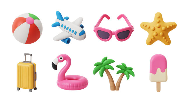 Set of colorful three dimensional icons representing summer vacation travel and beach activities Vector