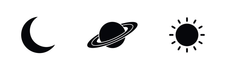 Minimalist black celestial icon set featuring a crescent moon, Saturn with its rings, and a bright sun, isolated on a white background. © Lili