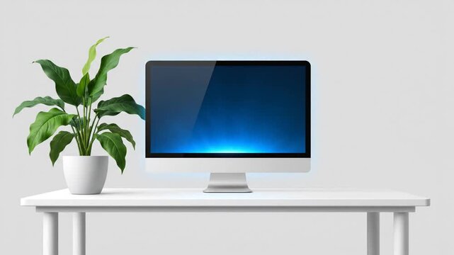 Desktop computer with a healthy green plant on a clean white table against a neutral background
