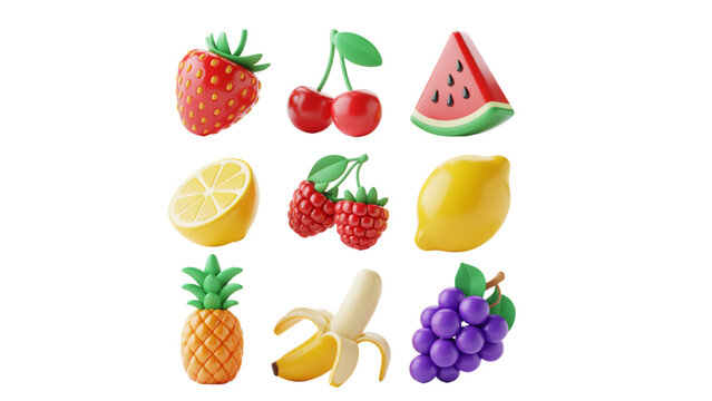 A collection of colorful 3d rendered fruit icons including strawberry cherry watermelon and banana Vector