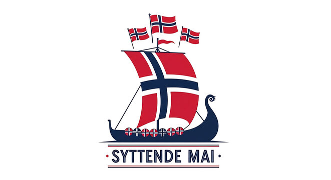 A viking ship with red and blue sails and norwegian flags flying high on a white background.