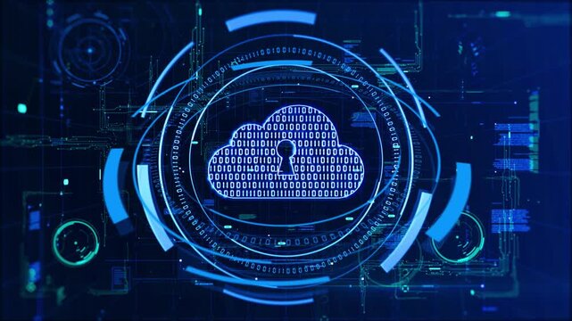 Secure digital lock icon glowing neon blue circuit board pattern conveying cybersecurity protection and encrypted network safety + digital padlock icon with key and signal inside glowing circular
