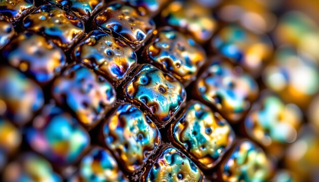 The image features a close up view of a cluster of iridescent, colorful scales arranged in a regular pattern