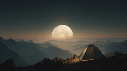 Fototapeta premium Tent camping under a giant moon rising over misty mountain ranges at twilight. A solitary tent glows with warm light on a rocky mountain peak, bathed in the ethereal glow of a colossal moon ascending