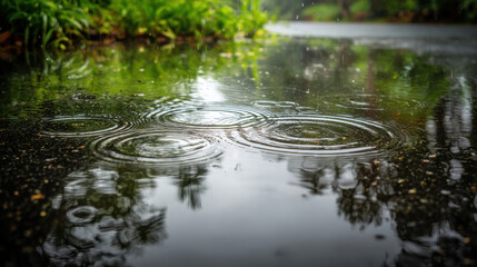Fototapeta premium Gentle rain creates ripples on a wet pavement reflecting lush green foliage and trees. Raindrops falling on a dark, wet surface, forming concentric circles and reflecting the surrounding nature