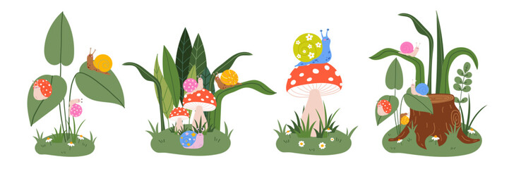Cute snail clipart set with mushrooms and forest elements. Hand drawn doodle vector illustration for kids nursery decor, baby shower, stickers, spring and summer design collection © Svitla