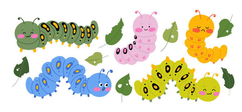 Cute caterpillar characters clipart set with green leaves. Hand drawn vector illustration of funny smiling insects for kids nursery decor, stickers, baby shower and spring summer design