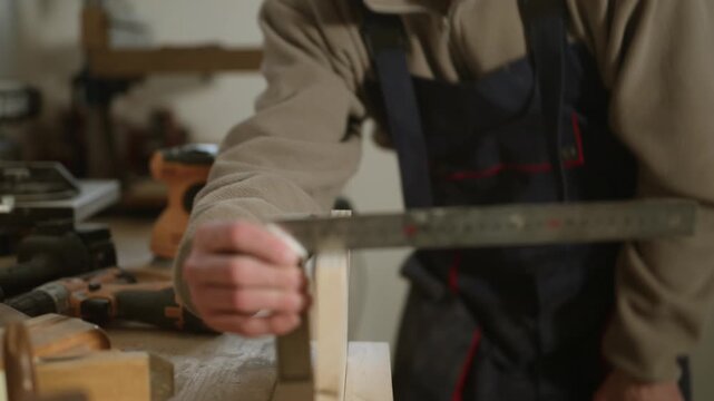 A focused carpenter uses a measuring square to check the precise dimensions of a wood plank. He meticulously inspects his work in a dedicated woodworking shop.