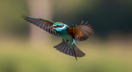 Fototapeta premium A beautiful, colorful kingfisher bird with vibrant blue and green feathers rests on a tree branch in a wild showcasing its exotic wildlife beauty