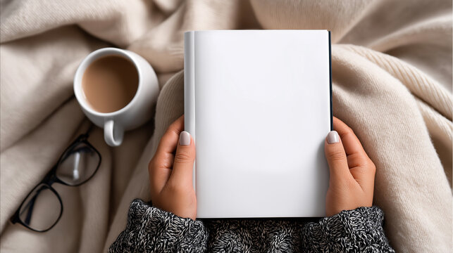 Person holding a blank book or notebook in a cozy setting with candlelight and soft decor creating a warm and relaxing atmosphere.