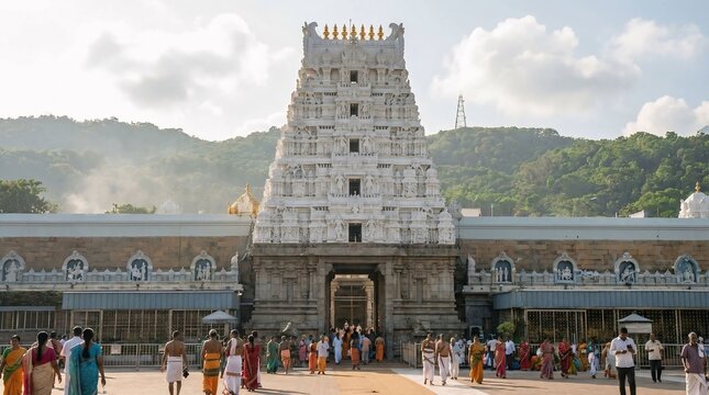 Venkateswara Temple, commonly known as the Tirupati Balaji Temple, morning view located in Tirumala, Andhra Pradesh, India.