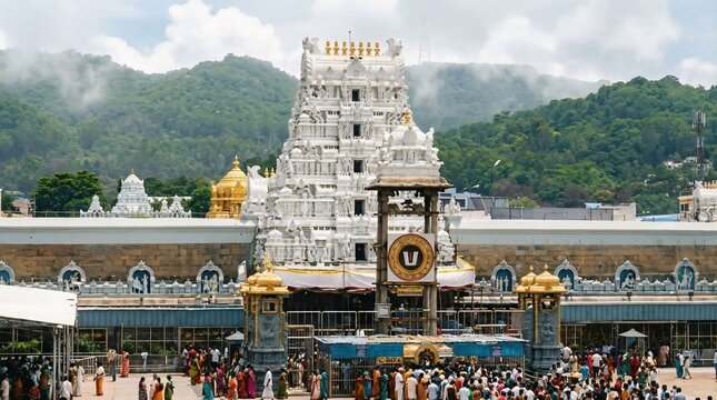 Venkateswara Temple, commonly known as the Tirupati Balaji Temple, morning view located in Tirumala, Andhra Pradesh, India.