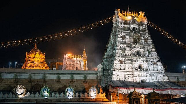 Venkateswara Temple, commonly known as the Tirupati Balaji Temple, night view located in Tirumala, Andhra Pradesh, India