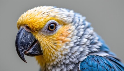 Fototapeta premium The image features a close up of a colorful parrot with vibrant yellow, white, and blue feathers