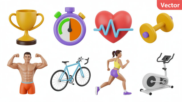 A comprehensive set of 3d icons representing various sports equipment and healthy fitness activities Vector