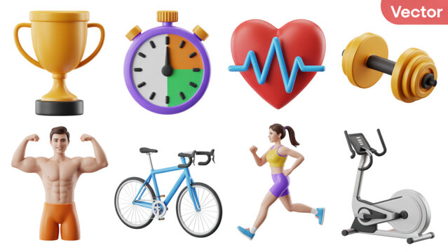 A collection of 3d fitness and sports icons including a trophy stopwatch heart and gym equipment Vector