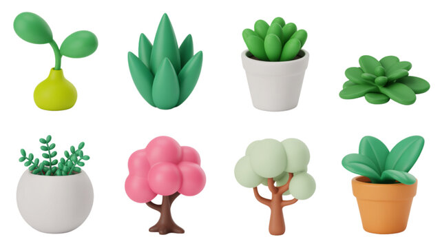 A collection of eight stylized 3d rendered plants including various succulents trees and shrubs Vector