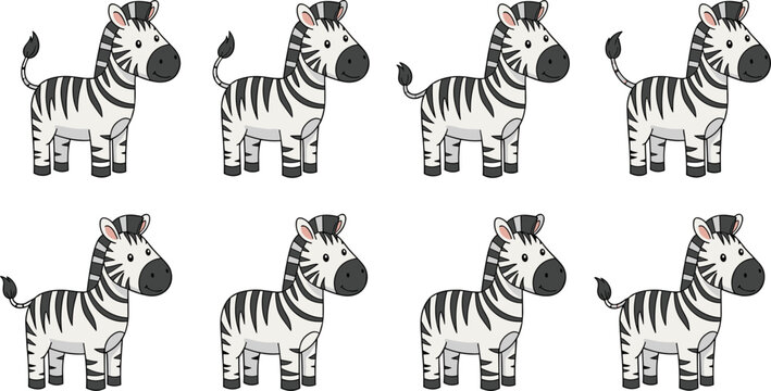 Cute zebra cartoon characters set with repeating pattern animals standing smiling wildlife vector illustration kids collection isolated design