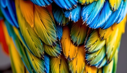 Obraz premium The image features a close up of a collection of vibrantly colored feathers, intricately layered and overlapping each other