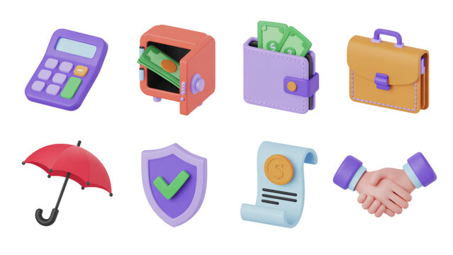 A collection of colorful 3d icons representing business finance and security concepts for apps Vector