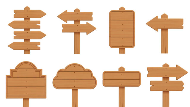 Set of various wooden signposts and directional boards with different shapes and mounting styles Vector