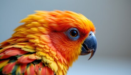 Obraz premium The image features a close up of a vibrant parrot with striking, multicolored feathers, primarily in shades of orange, yellow, and green