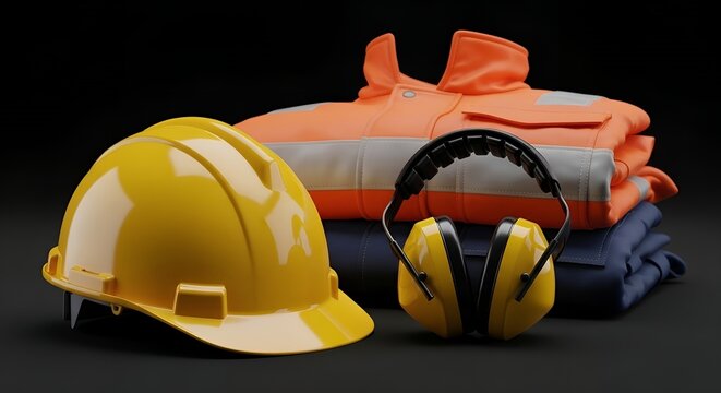 Protective safety gear including hard hat, ear muffs, and high-visibility clothing