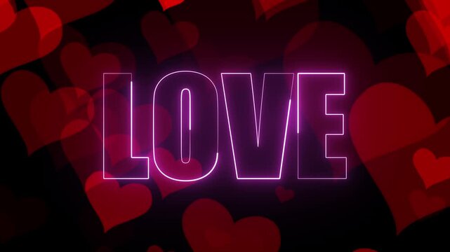 Neon glowing love text on with love shape background. Seamless loop animation.