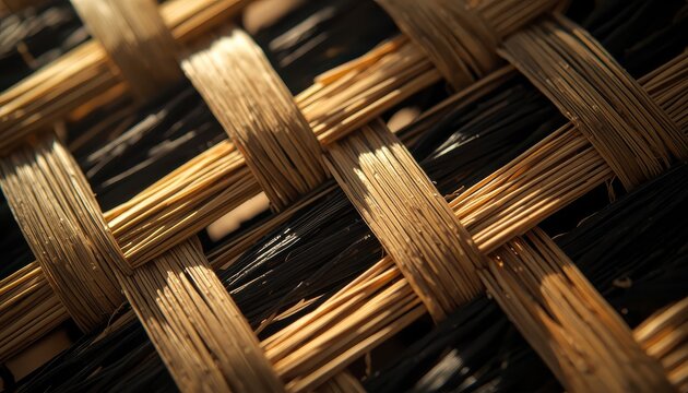 Extreme macro of traditional indigenous Colombian basket weaving, detailed pattern of natural fibers and sunlight, handcrafted heritage concept.
