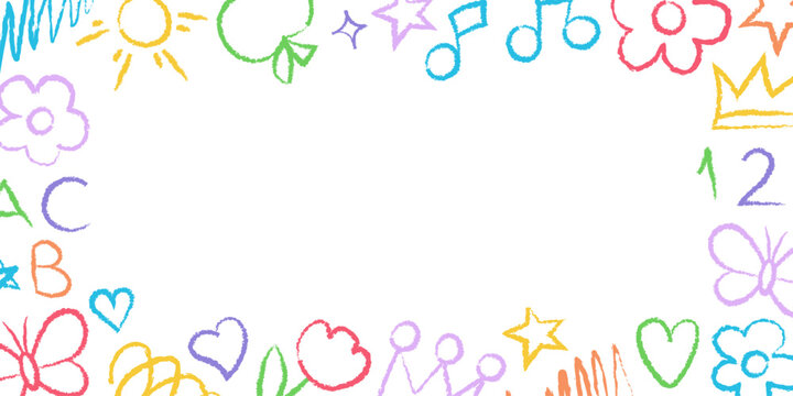 Hand drawn children doodle border with kindergarten elements. Cute colorful kids drawing frame background with crayon effect. 