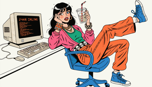 Young Woman Experiencing Digital Burnout and 24/7 Online Fatigue Sitting at Vintage Computer Vector Illustration for Work-Life Balance and Internet Addiction Concepts
