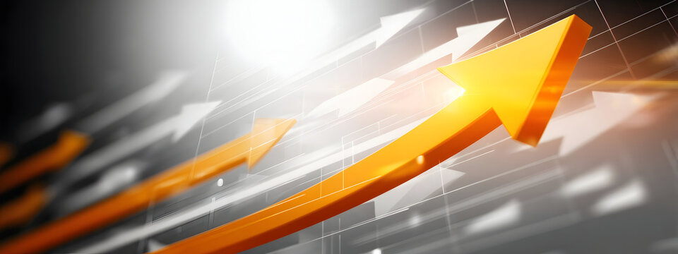 Dynamic orange arrows pointing upwards, symbolizing financial growth, business success, market expansion, and strategic progress in a thriving economy