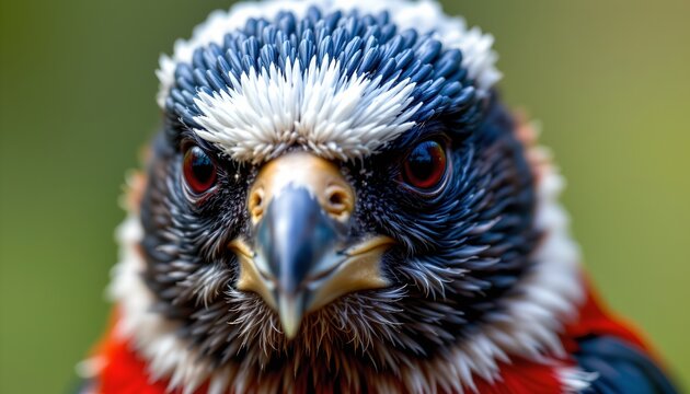 The image features a close up of a bird's face, highlighting its sharp, curved beak and intense, dark eyes that seem focused and alert