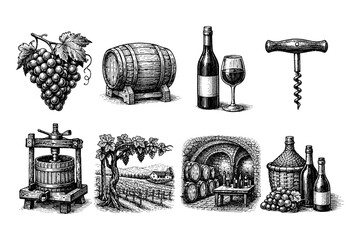 Obraz premium Vintage wine making process and elements collection illustration