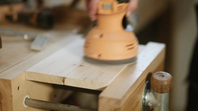 A close-up shot of a hand using an orbital sander to smooth a wooden board. The artisan carefully checks the refined wood surface with their hand.