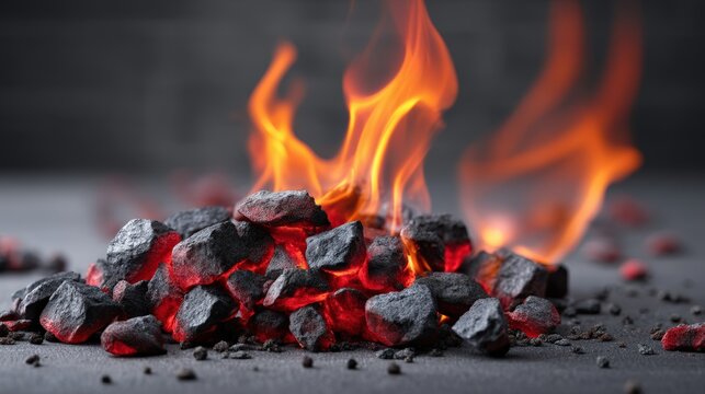 Glowing charcoal briquettes with bright orange flames against a dark background, highlighting intense heat and combustion, relaxing fire, world heat crisis