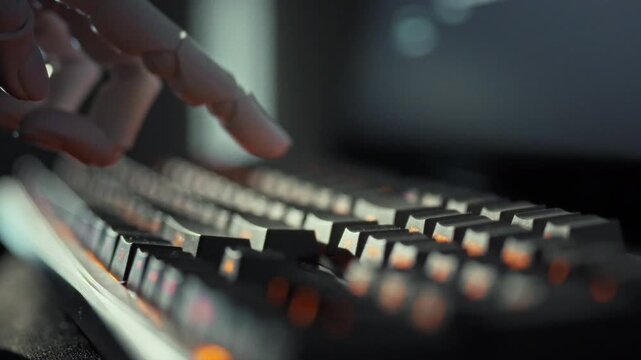 A humanoid cyborg's robotic hand moves with precision to press a keyboard button, sparking code creation. This futuristic scene embodies the programmer's quest for AI automation