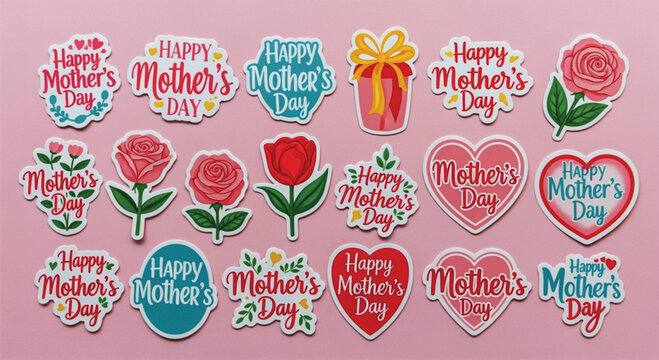 Assorted Mother Day sticker pack featuring realistic flower illustrations and elegant greeting typography.