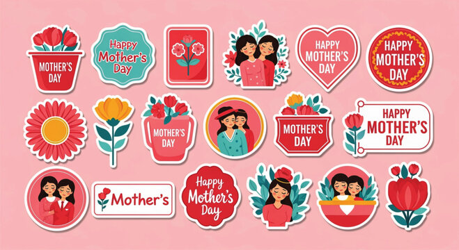 Collection of Mother Day celebration stickers with flowers hearts and mother daughter illustrations.